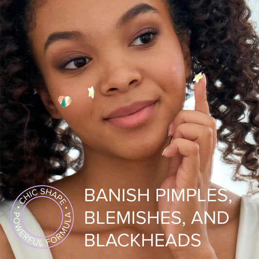 Facial acne pimple patch stickers on woman’s cheek, star shapes in blue and gold