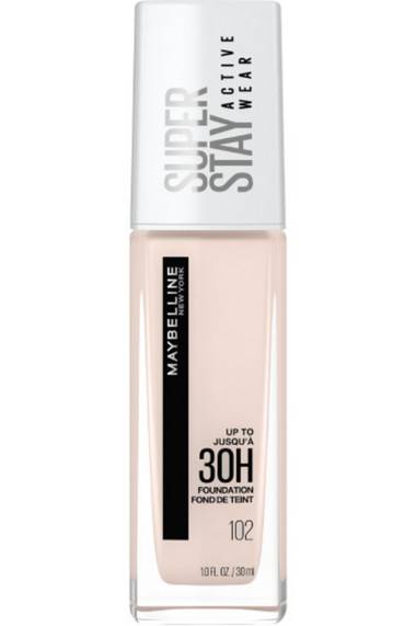 Maybelline SuperStay full coverage foundation, fair porcelain 102 in bottle