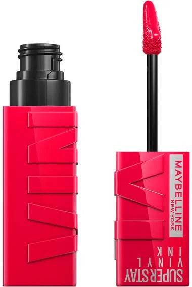 Maybelline SuperStay Vinyl Ink liquid lipstick in bright red, with applicator wand