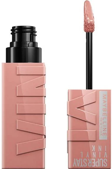 Maybelline Vinyl Ink liquid lipstick in light rose with applicator wand.