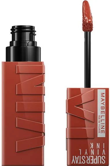 Maybelline Vinyl Ink liquid lipstick in terracotta red with applicator wand.