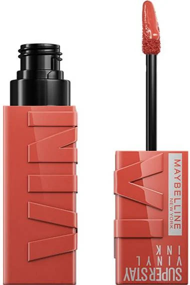 Maybelline Vinyl Ink liquid lipstick in warm peach coral with applicator wand.