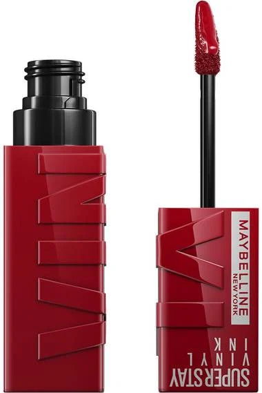 Maybelline Vinyl Ink liquid lipstick in dark red with applicator wand.