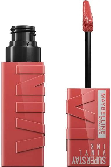 Maybelline Vinyl Ink liquid lipstick in coral red with applicator wand.