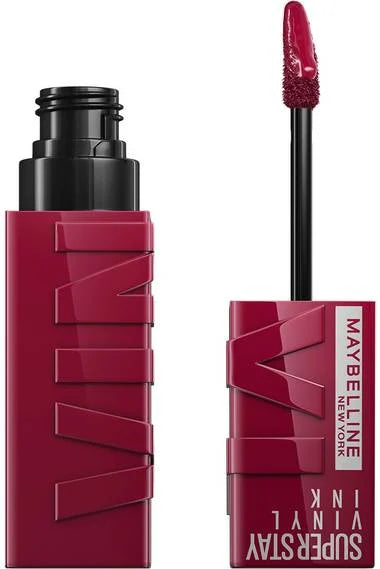 Maybelline Vinyl Ink liquid lipstick in deep cherry red with applicator wand.