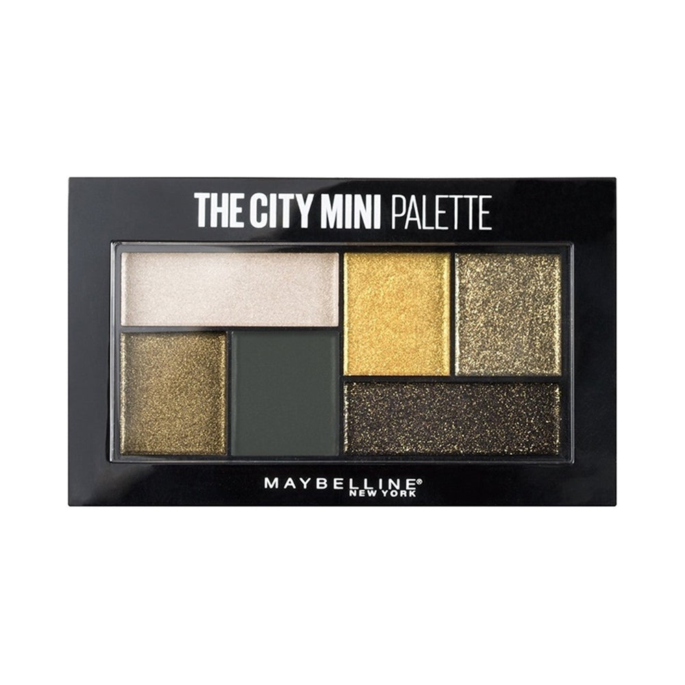 Maybelline City Mini eyeshadow palette with white, gold, olive, black-brown glitter