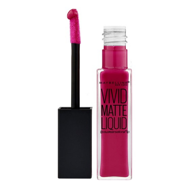 Matte liquid lipstick set with doe-foot applicator and berry-magenta liquid in bottle
