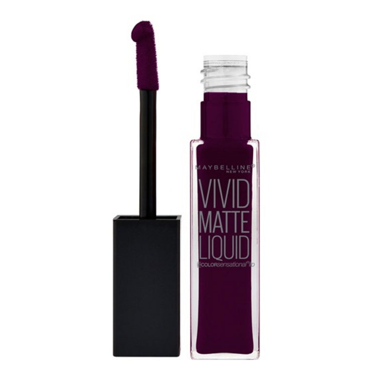 Maybelline Vivid Matte liquid lipstick with doe-foot applicator, deep plum shade.