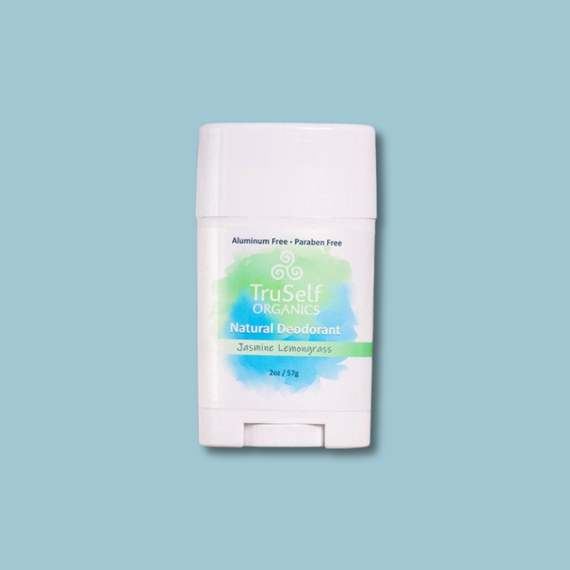 Deodorant stick, white case, Jasmine Lemongrass Natural Deodorant label.