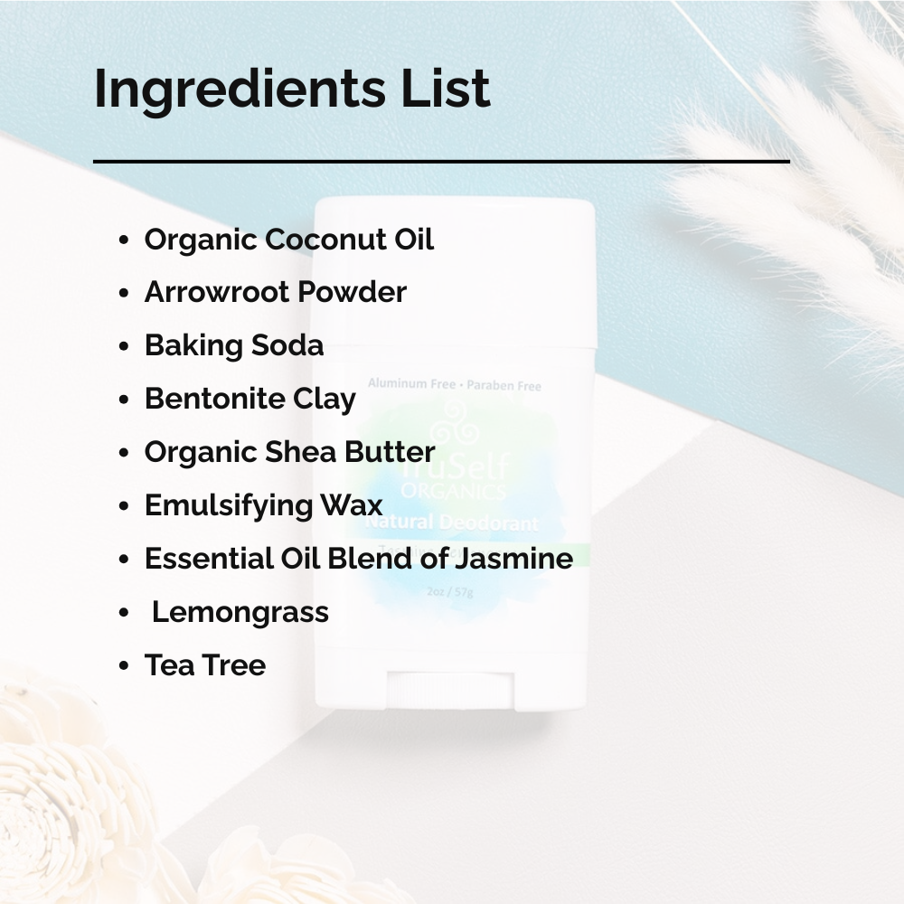 Deodorant stick with ingredients list graphic and Jasmine Lemongrass label.