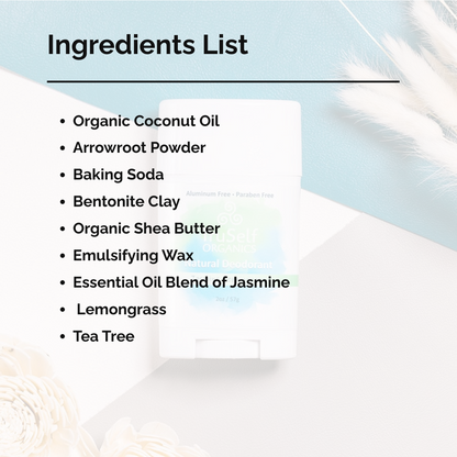 Deodorant stick with ingredients list graphic and Jasmine Lemongrass label.