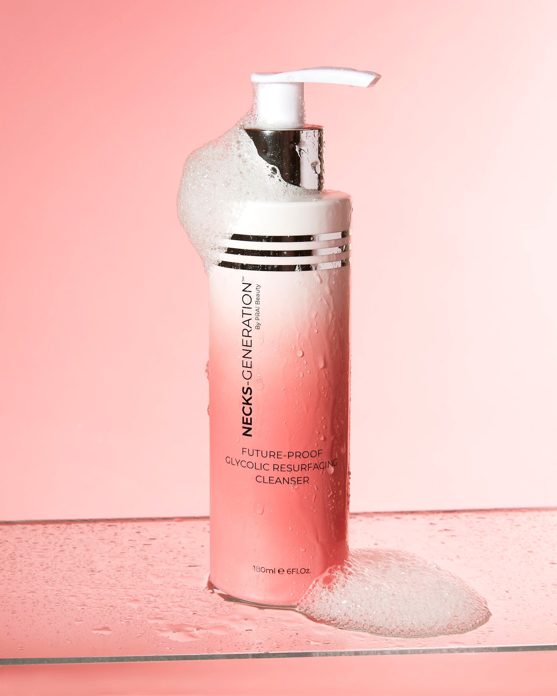 Necks-Generation glycolic cleanser bottle with pump, pink tint, with foam and splash