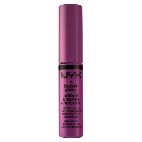 NYX Butter Gloss lip gloss in raspberry purple tube, glossy lip color applicator.