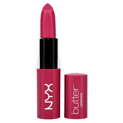 NYX Butter lipstick in pink-magenta, satin finish, open and closed