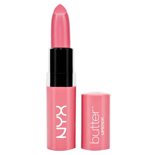 Pink satin lipstick set with black cap and pink base, NYX Butter Lipstick