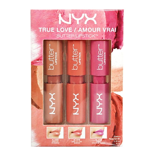 Assorted NYX butter lipstick set with six satin finish tubes in nude, red, pink shades