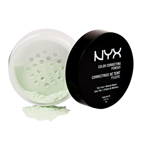 NYX Color Correcting loose powder with green powder in open jar and black lid