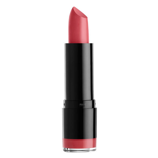 NYX Extra Creamy Round Lipstick in pink-red bullet, black and silver tube.