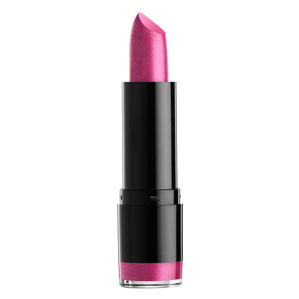 NYX round lipstick in metallic magenta pink with black tube and silver trim