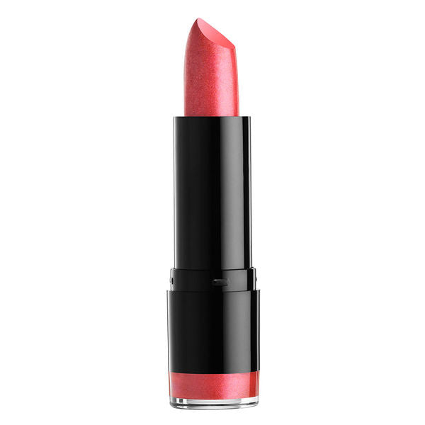 NYX Extra Creamy Round Lipstick in ruby red bullet, black and silver tube.