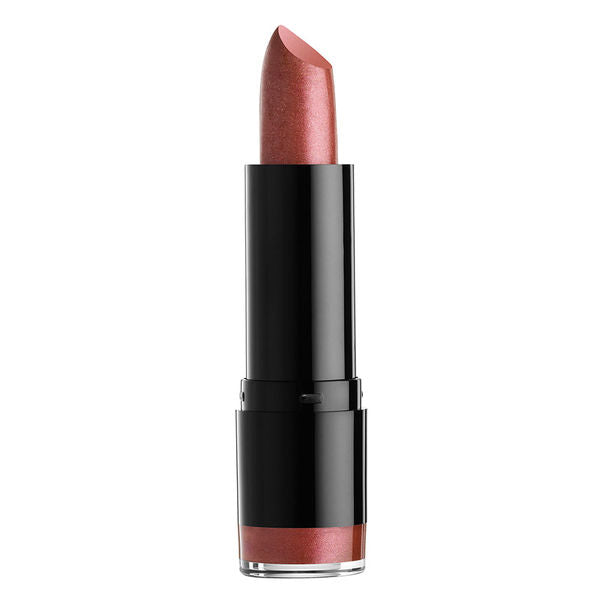 NYX Extra Creamy Round Lipstick in metallic rose-brown bullet, black case.