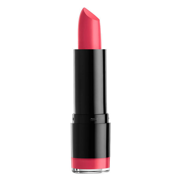 NYX Extra Creamy Round Lipstick in bright pink bullet, black and silver tube.