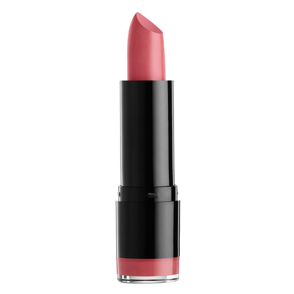 Dusty rose round-tip lipstick in a black tube with silver band near the base.