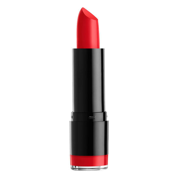 Bright red round-tip lipstick in a black tube with silver band near the base.