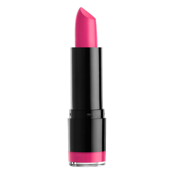 Creamy round lip lipstick in bright pink, capped inside black and silver tube