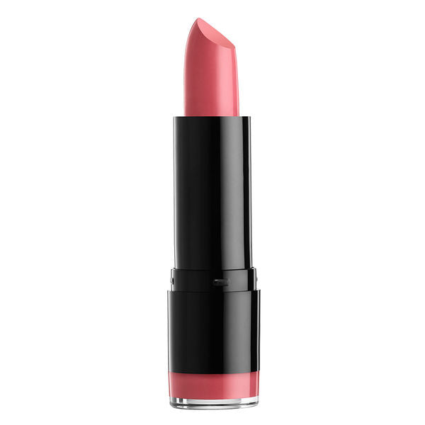 Mauve pink round-tip lipstick in a black tube with silver band near the base.