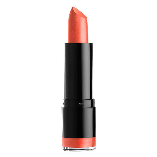 Coral orange round-tip lipstick in a black tube with silver band near the base.