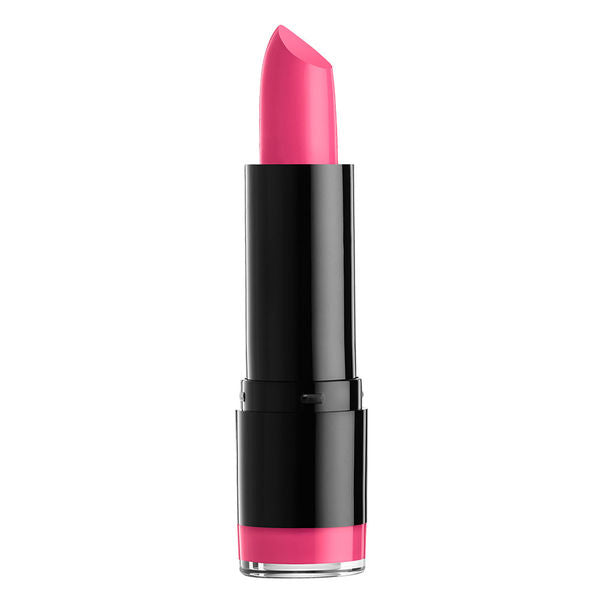 Hot pink round-tip lipstick in a black tube with silver band near the base.