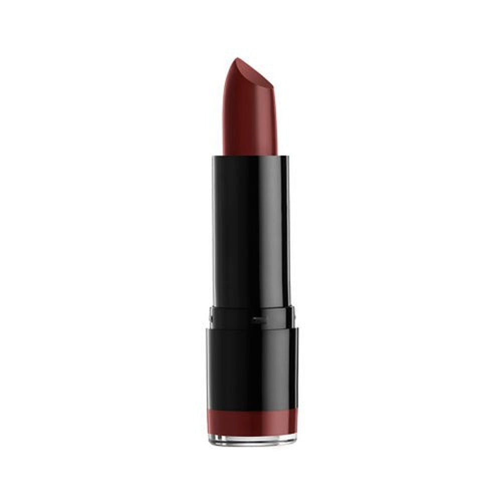 Maroon round-tip lipstick in a black tube with silver band near the base.