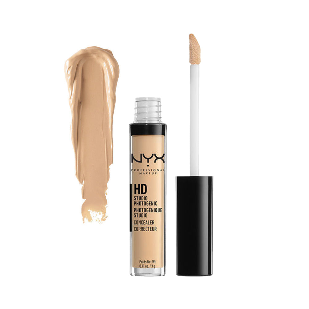 NYX HD liquid concealer with applicator and nude beige swatch, clear bottle and black cap