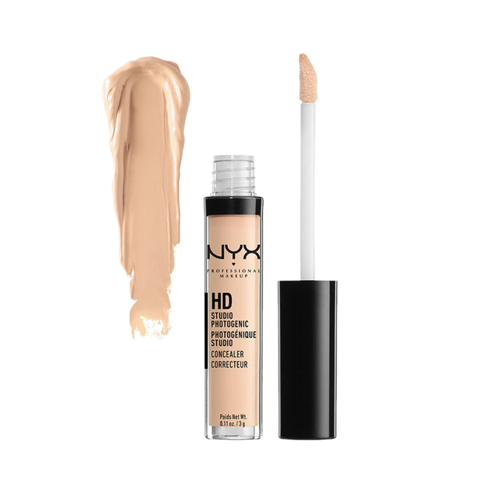 NYX liquid concealer with light beige tube, doe-foot applicator, and beige swatch