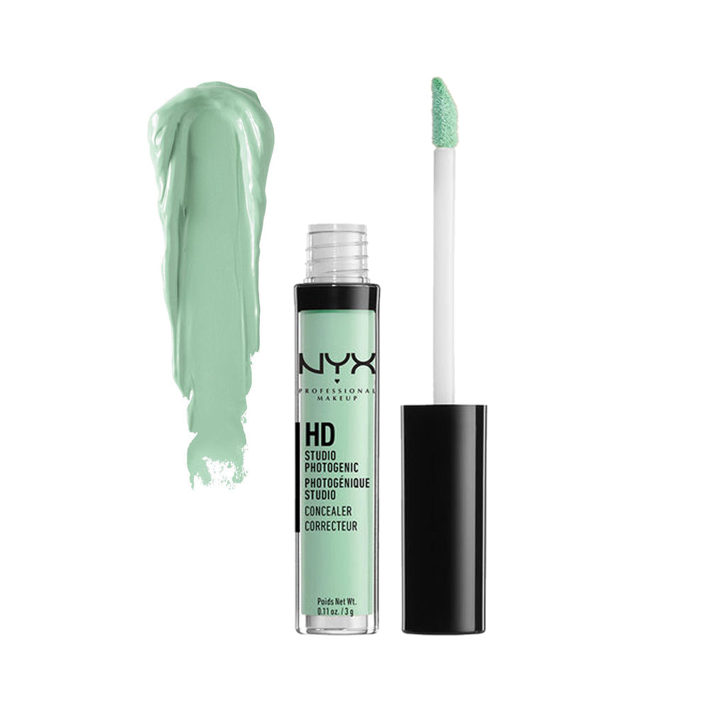 NYX liquid concealer with mint green bottle, doe-foot applicator, and green swatch