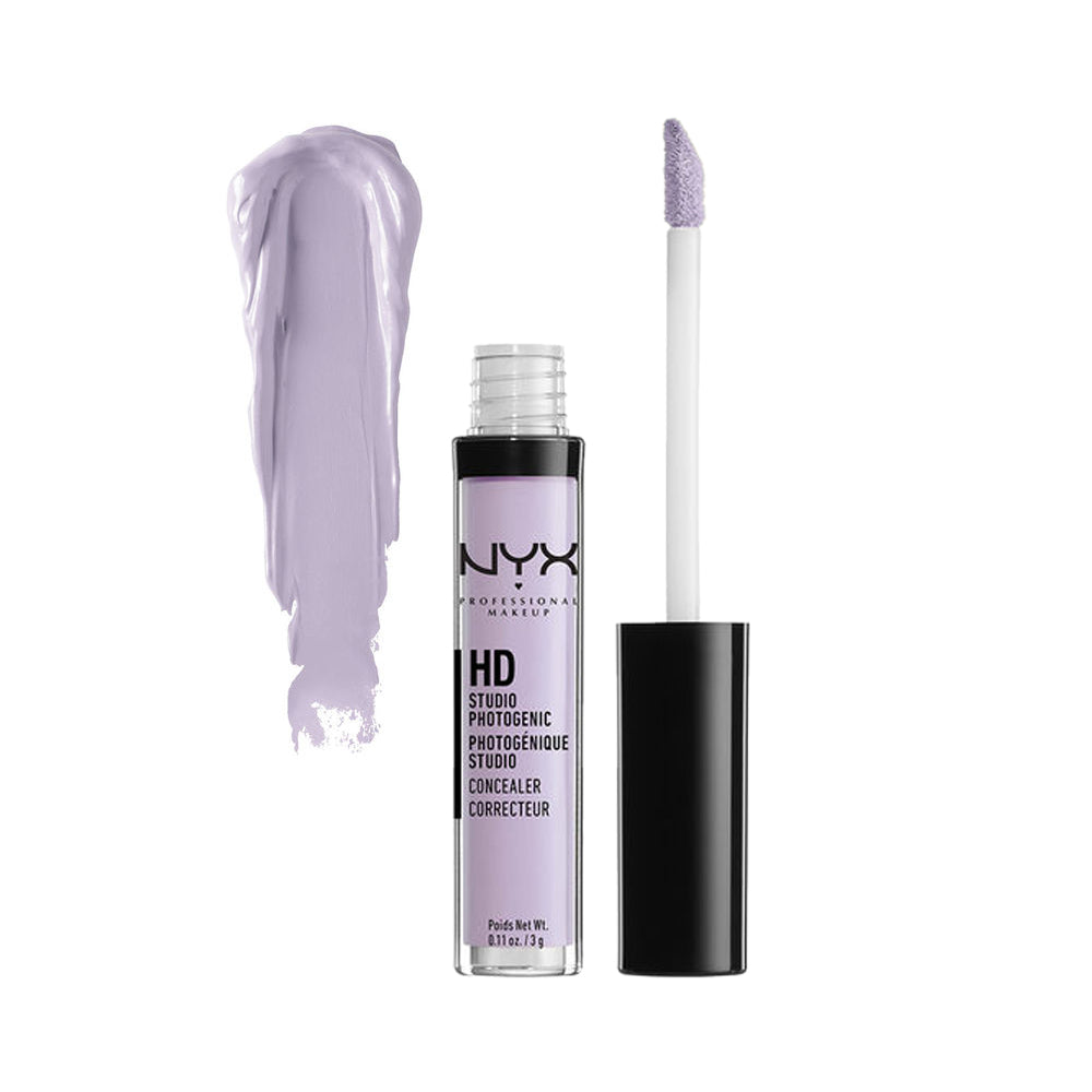 NYX HD liquid concealer with applicator and lavender swatch, clear bottle and black cap