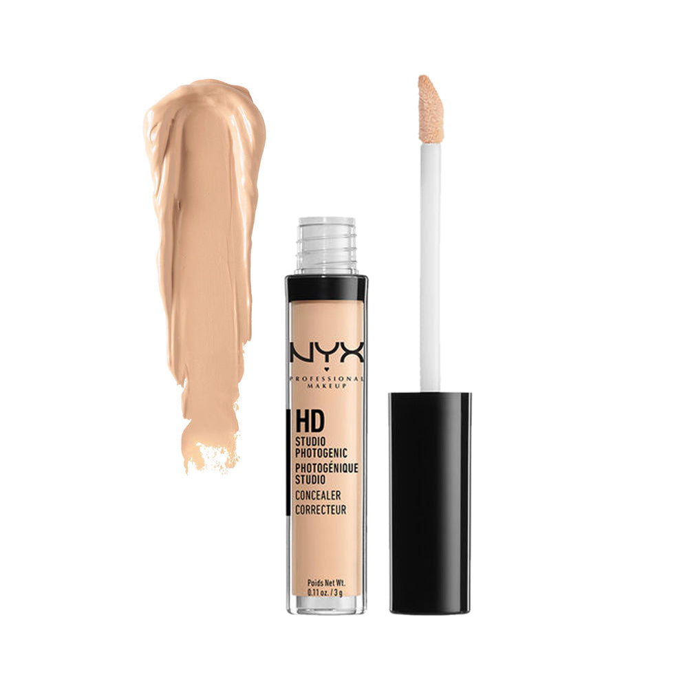NYX HD liquid concealer with applicator and beige swatch, clear bottle and black cap