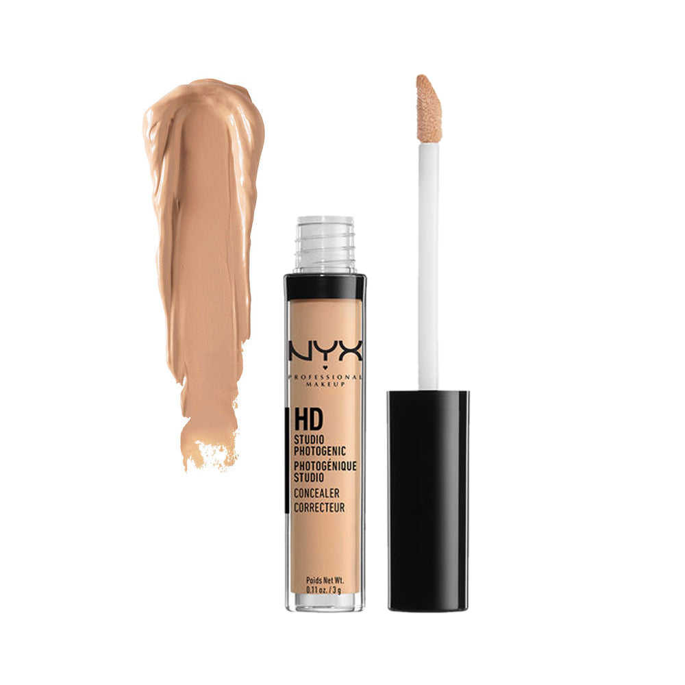 NYX liquid concealer with tan bottle, doe-foot applicator, and tan swatch strip