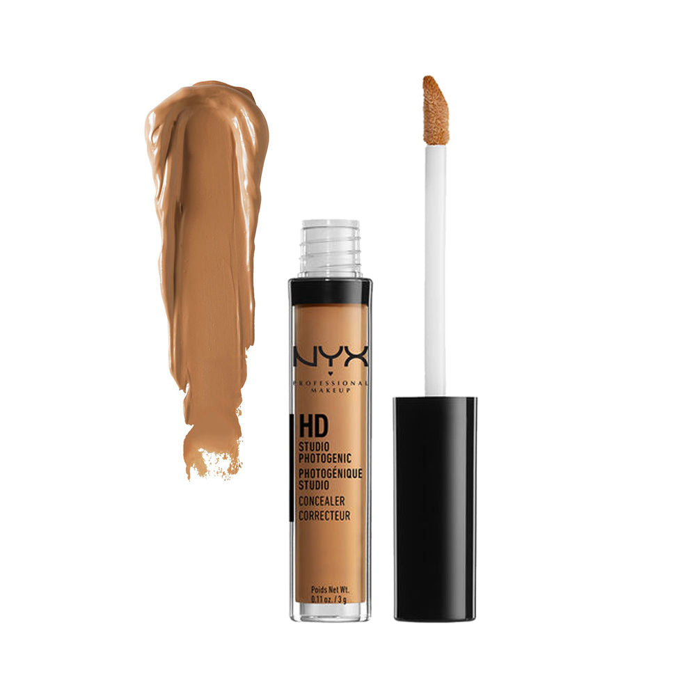NYX liquid concealer with tan bottle, white doe-foot applicator, and tan swatch