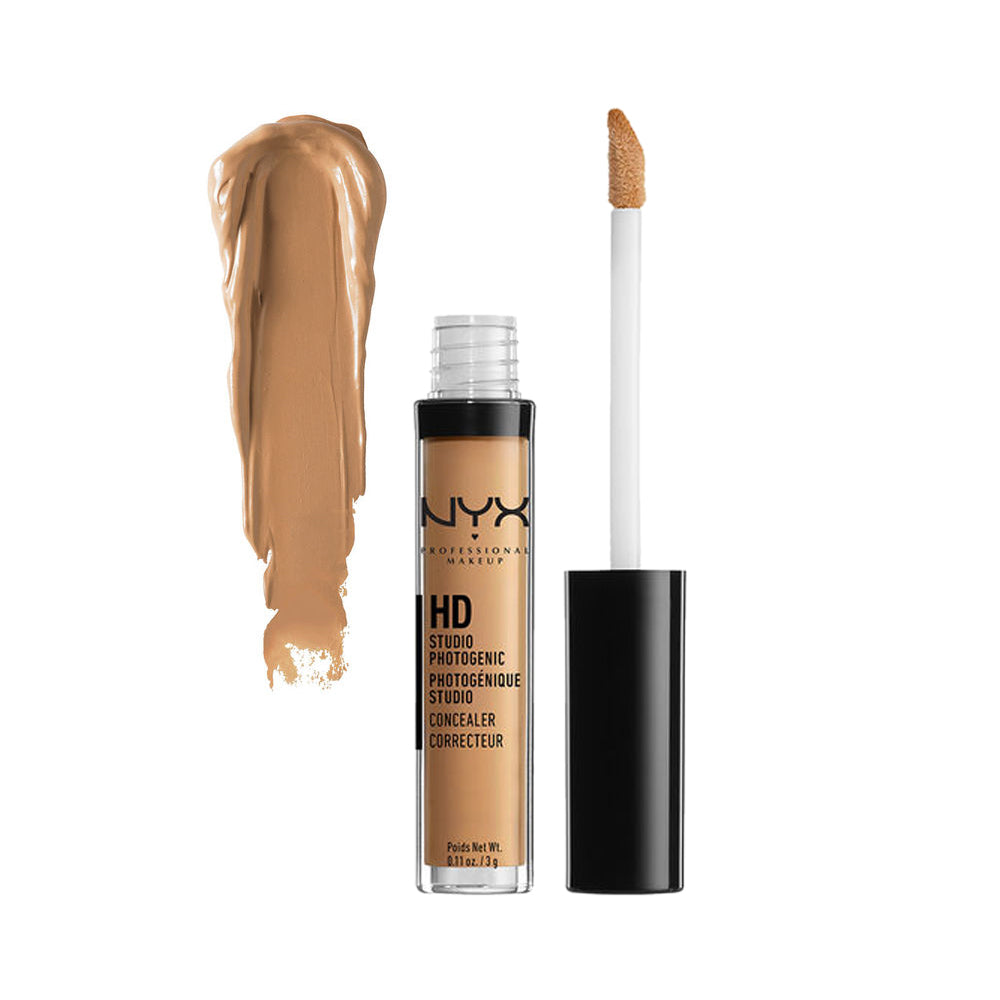 NYX liquid concealer with tan bottle, white doe-foot applicator, and tan swatch