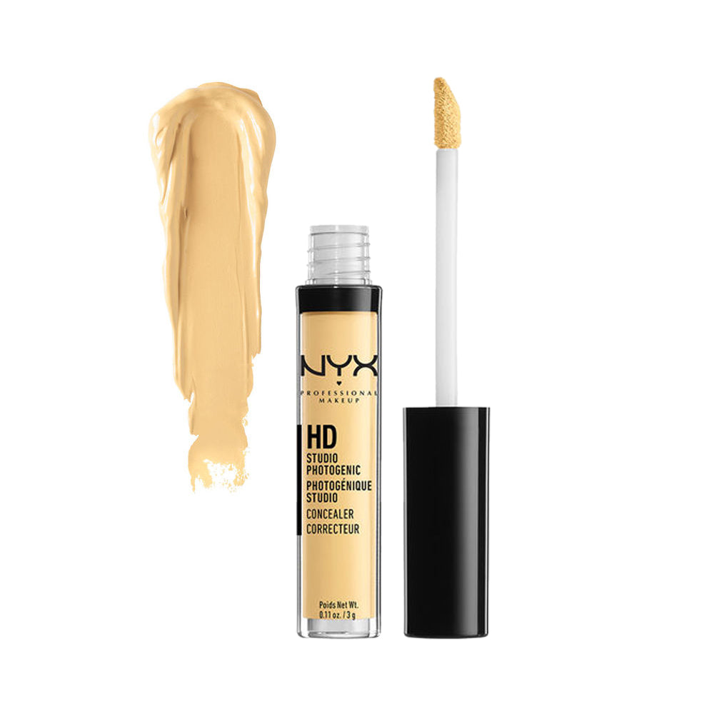 NYX HD liquid concealer with applicator and golden swatch, clear bottle and black cap