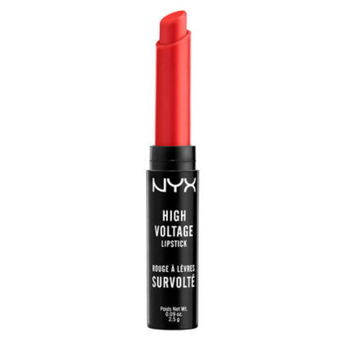 NYX High Voltage lipstick in bright red shade, shown capped.