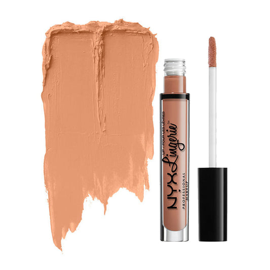 NYX Lip Lingerie liquid lipstick in nude brown with doe-foot applicator and swatch
