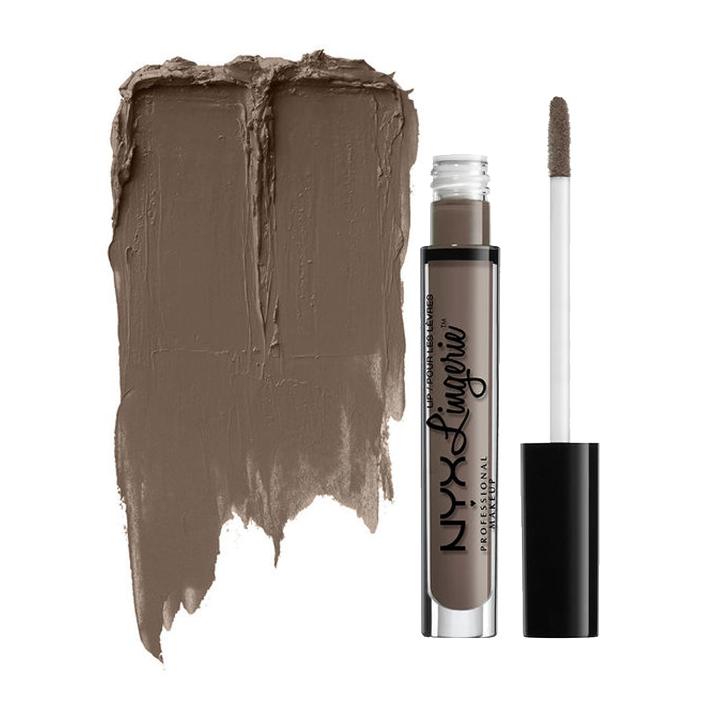 NYX Lip Lingerie liquid lipstick in Scandalous, taupe-brown shade, with applicator wand