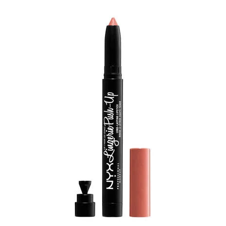 Lipstick tube and open bullet in mauve-nude shade with black NYX Lip Lingerie casing.