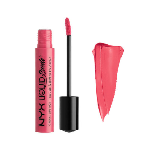 Liquid suede cream lipstick set with pink tube, applicator, and swatch