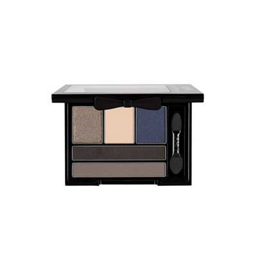 5-pan eyeshadow palette with taupe, beige, deep blue, dark brown, and gray-toned shades