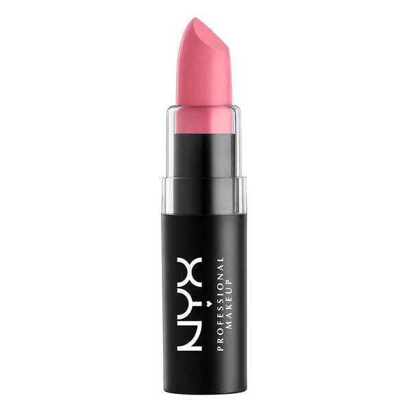 NYX matte lipstick, pink shade, black-and-silver tube labeled Audrey