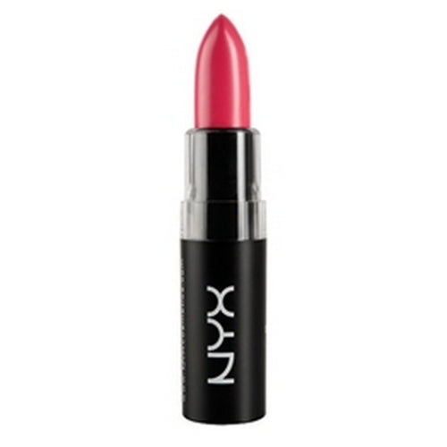 Matte lipstick in rose-red with black and silver tube